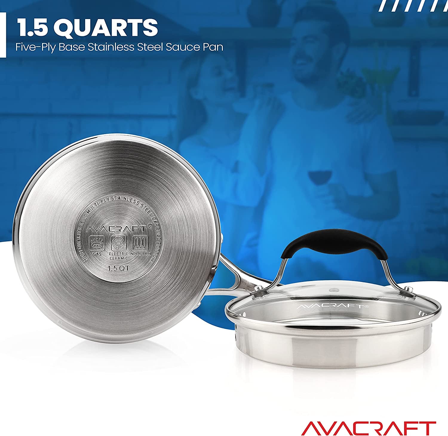 Multipurpose Sauce Pan / Pot, Stainless Steel with Glass Strainer Lid, Two Side Spouts for Easy Pour with Ergonomic Handle (Tri-Ply Capsule Bottom, 1.5 Quart)