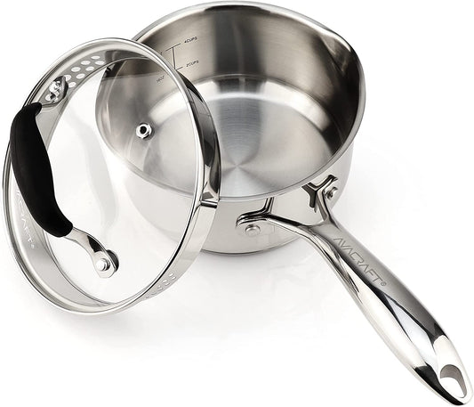 Multipurpose Sauce Pan / Pot, Stainless Steel with Glass Strainer Lid, Two Side Spouts for Easy Pour with Ergonomic Handle (Tri-Ply Capsule Bottom, 1.5 Quart)