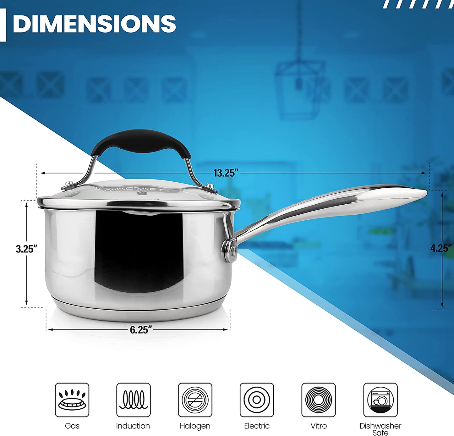 Multipurpose Sauce Pan / Pot, Stainless Steel with Glass Strainer Lid, Two Side Spouts for Easy Pour with Ergonomic Handle (Tri-Ply Capsule Bottom, 1.5 Quart)