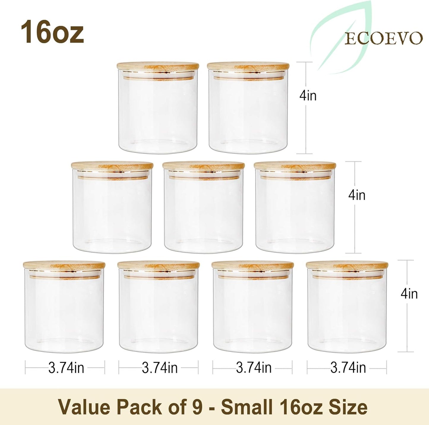 Glass Jars with Bamboo Lids (16Oz in 9 Pack), Glass Food Jars and Canisters Sets, Glass Food Storage Jars with Airtight Lids, Glass Canisters with Lids, Glass Pantry Jars