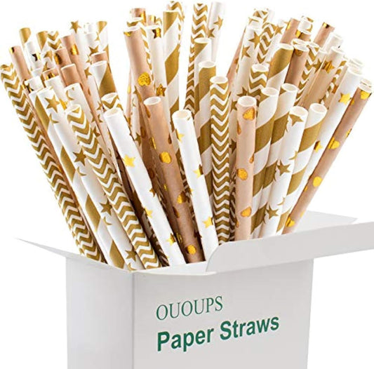 Paper Straws 100-Pack Gold Biodegradable, 7.75 Inches, Foil Striped, Wave,Heart, Gold, Bulk, Stars Paper Straws …