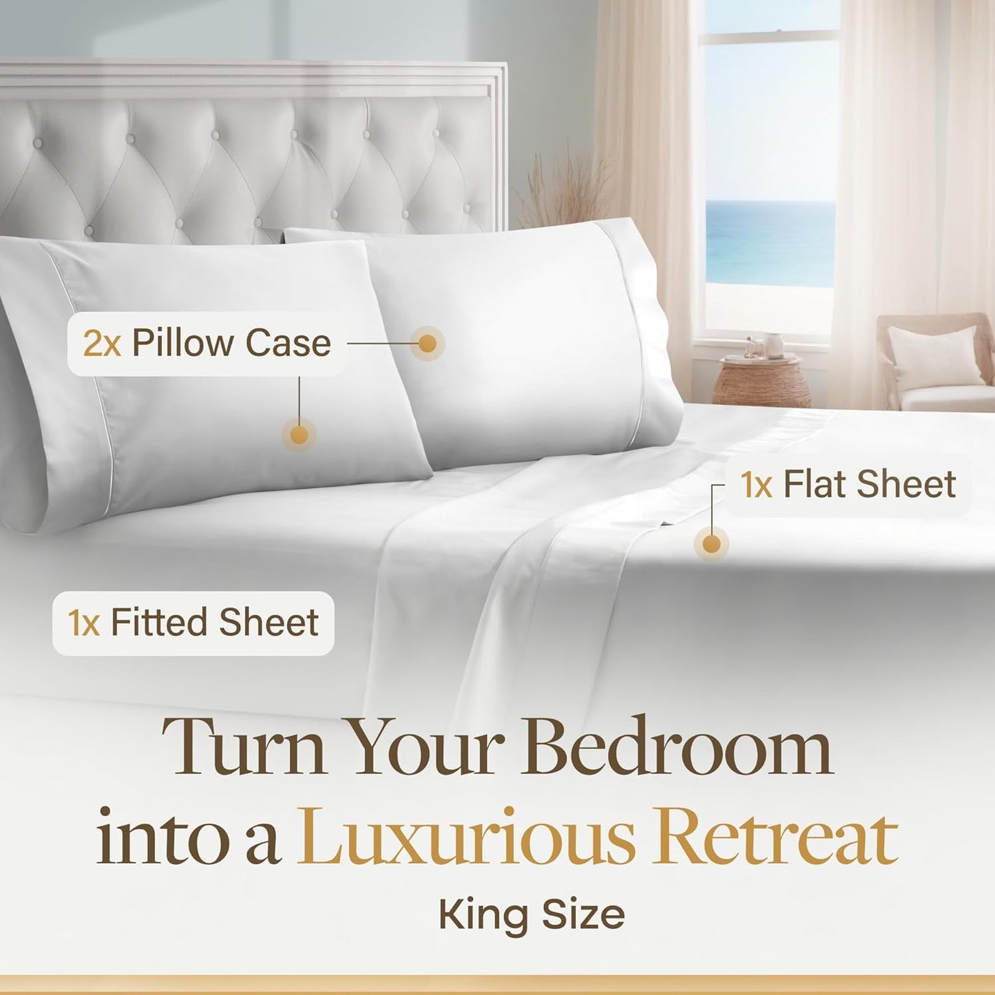 100% Egyptian Cotton Sheets King Size - 1000 Thread Count, 4Pc King Size Sheets Set, Smooth Sateen Weave King Sheets, Ultra Luxury Bed Sheets, 16" Deep Pocket King Sheet Set - White Sheets