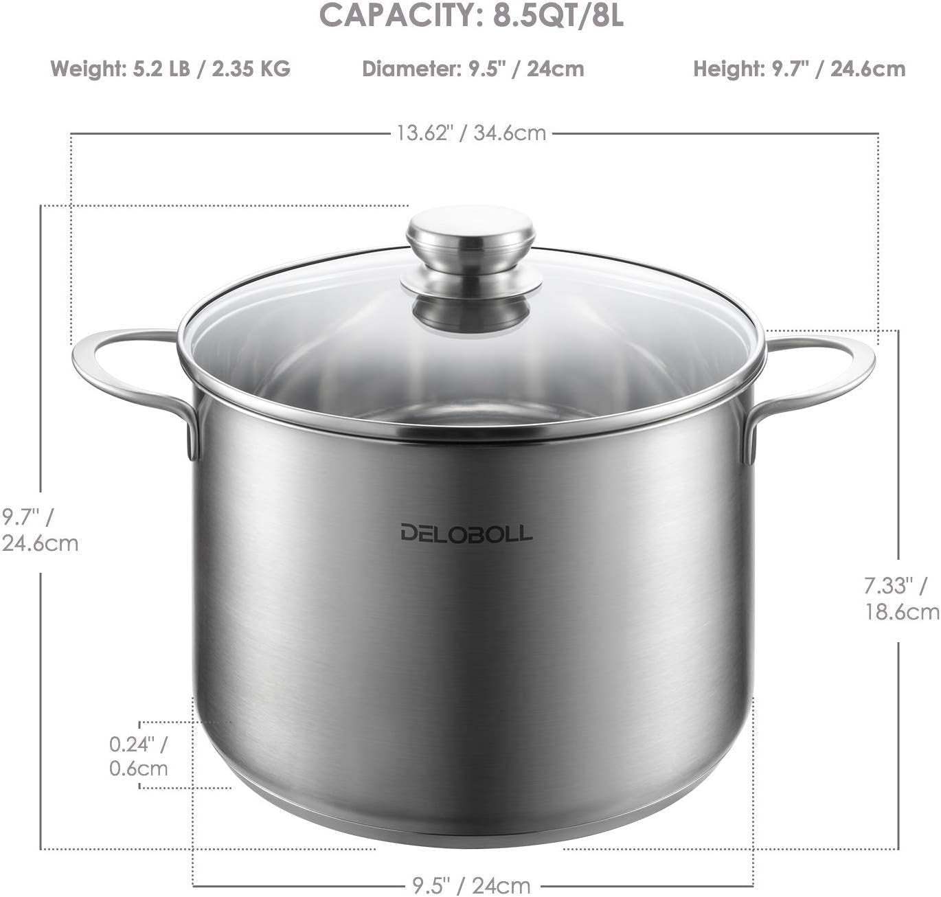 Quart Tri-Ply Covered Stainless Steel Stockpot TOP Standard, Multi-Clad Base Induction Cookware, Dishwasher Safe Soup Pot with Lid + 2 Silicone Oven Mitts, 8.5 Qt, Silver