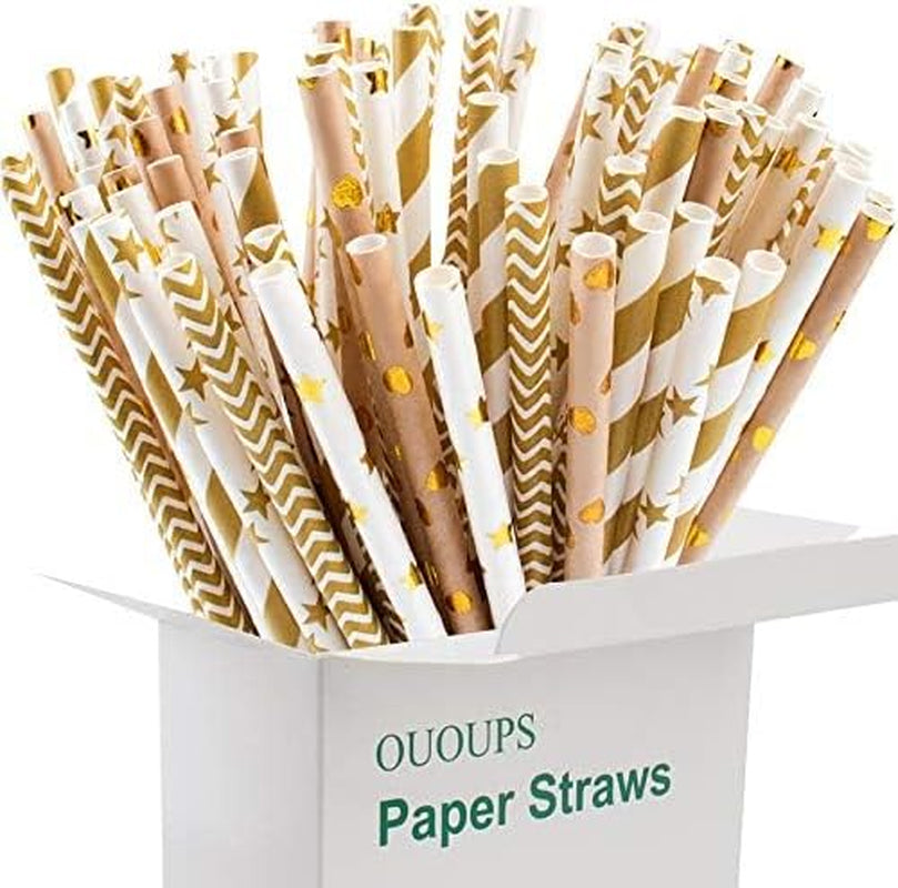 Paper Straws 100-Pack Gold Biodegradable, 7.75 Inches, Foil Striped, Wave,Heart, Gold, Bulk, Stars Paper Straws …